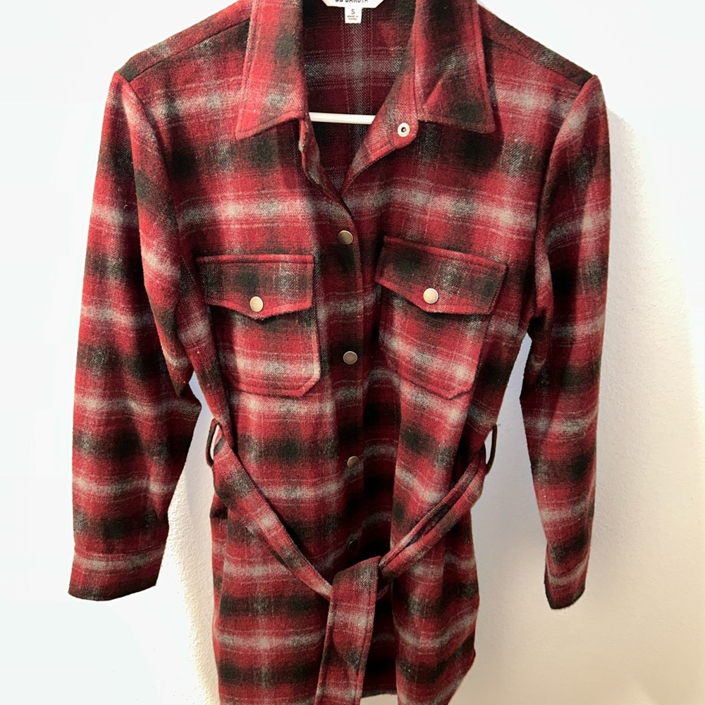 BB Dakota Belted Shirt Jacket Red, Black & White Plaid